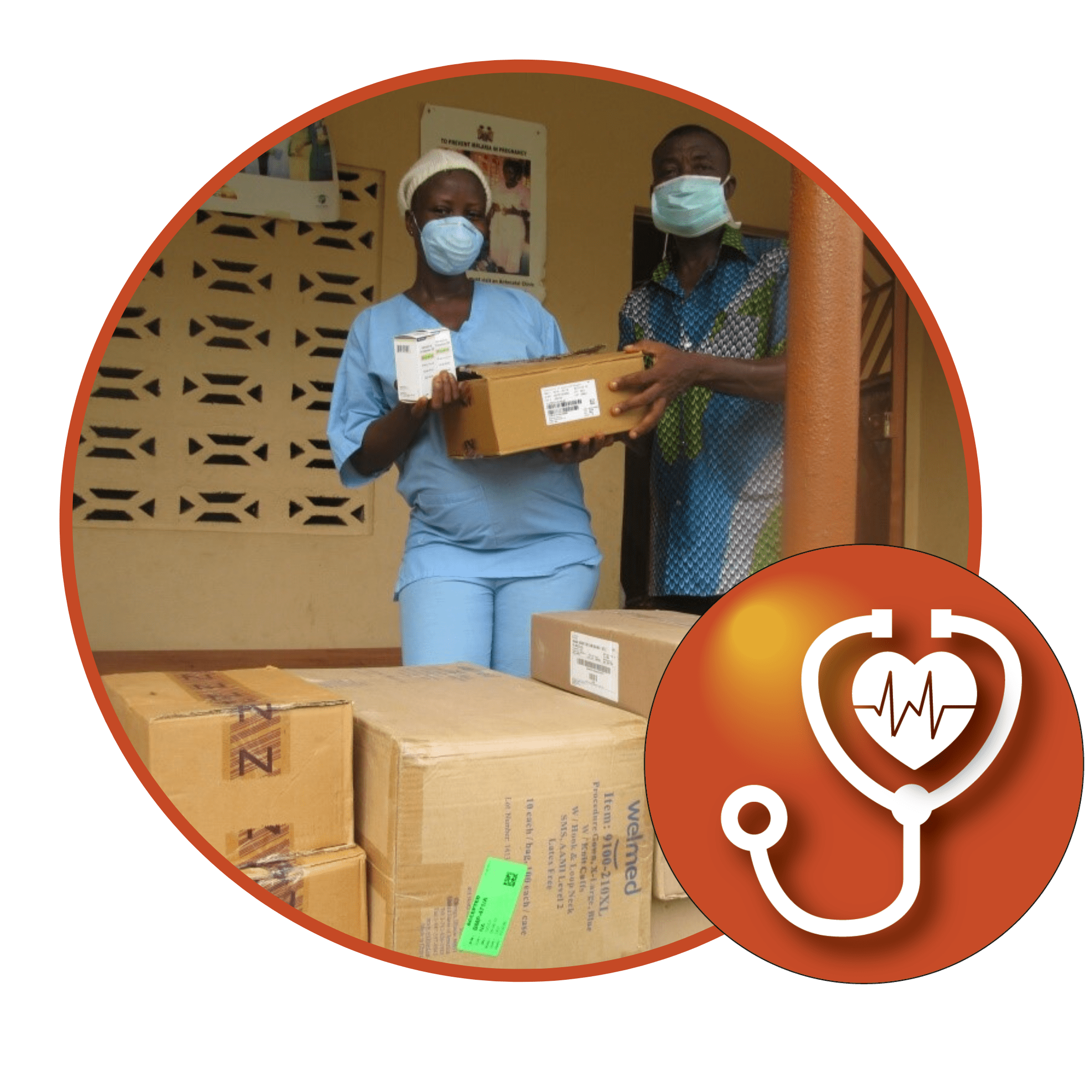 Medical staff unpacking health supplies in Africa.