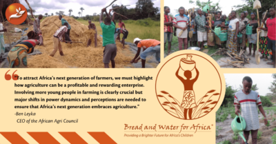 Collage of African farmers working in fields, holding tools, and promoting youth in agriculture.