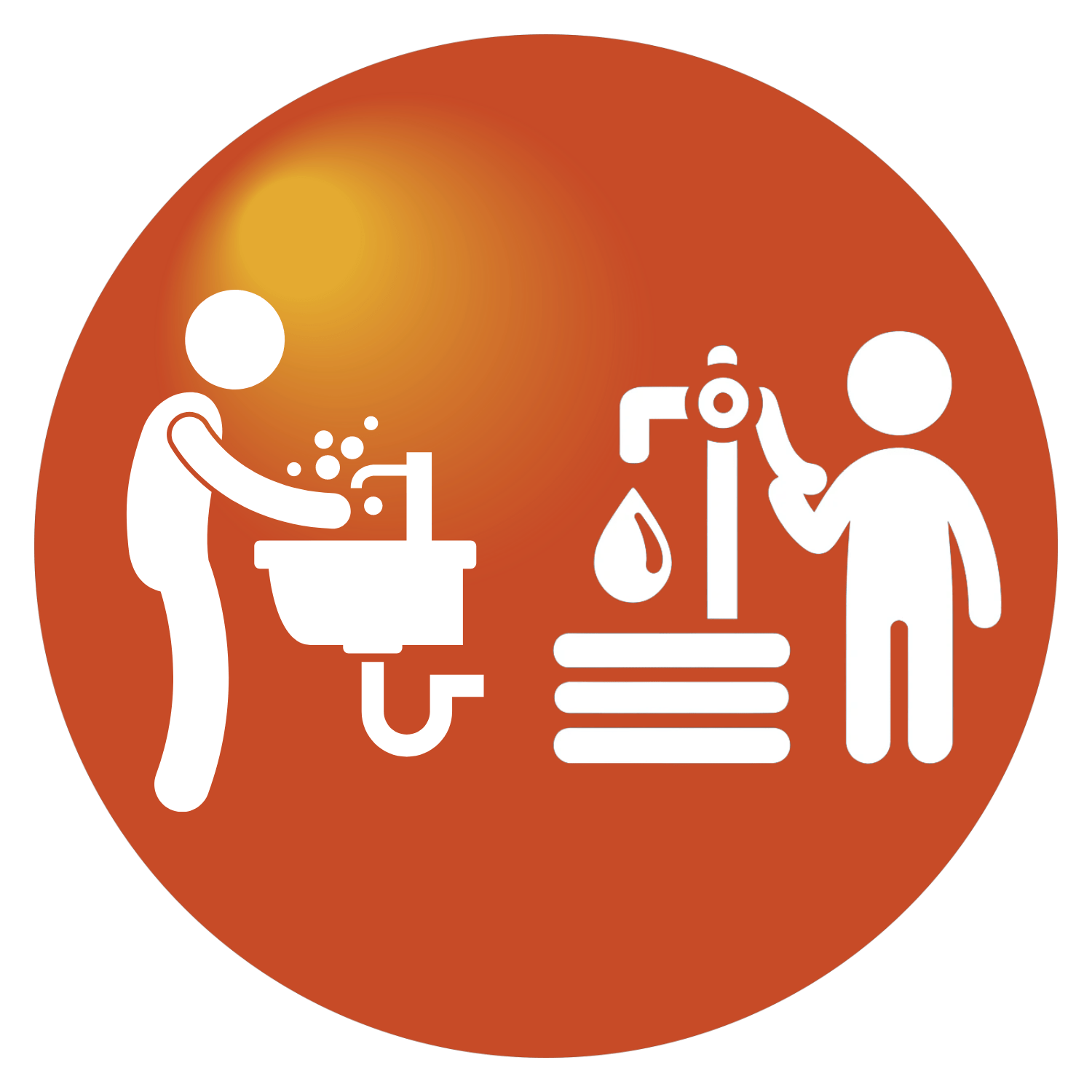 Icon showing a person washing hands and another using a water pump, representing water and hygiene.