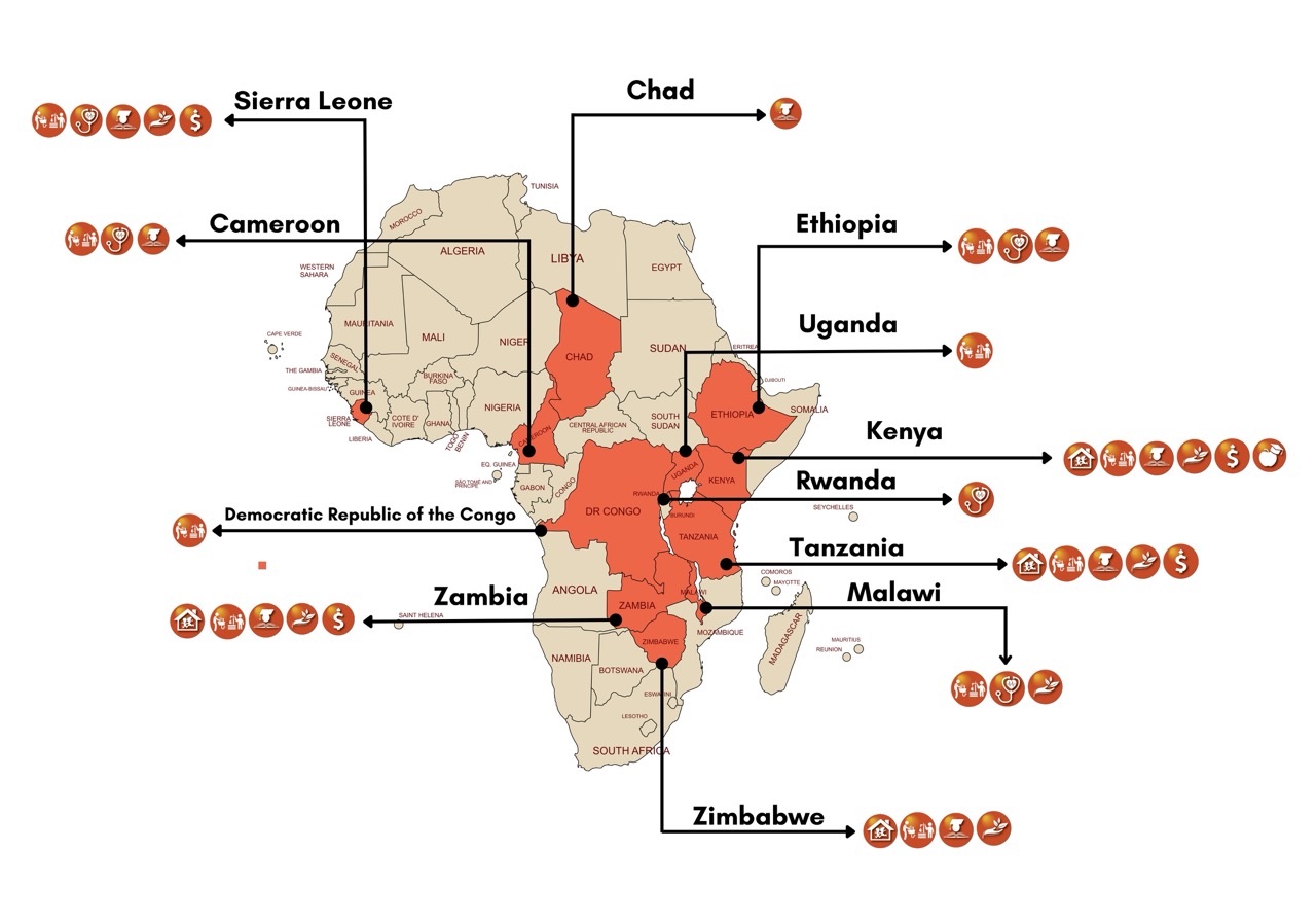 Map of Africa highlighting our work in 11 countries, including programs for orphan care, healthcare, education, and more.