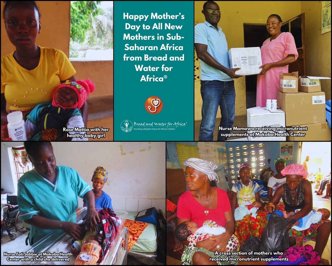 A Mother's Day collage showing new mothers, nurses, and the delivery of vital micronutrient supplements in Africa.