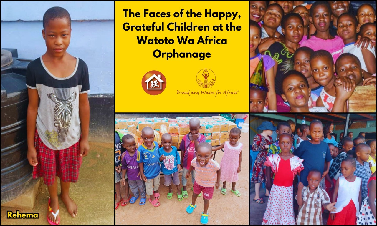 Collage of happy children at the Watoto Wa Africa Orphanage in Tanzania, including a portrait of 9-year-old Rehema.
