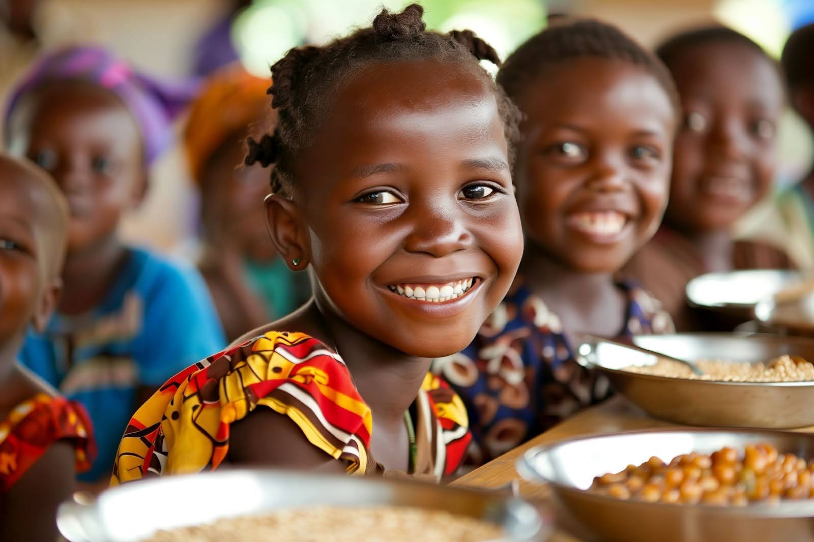 Young children in Africa receiving food at a feeding program
