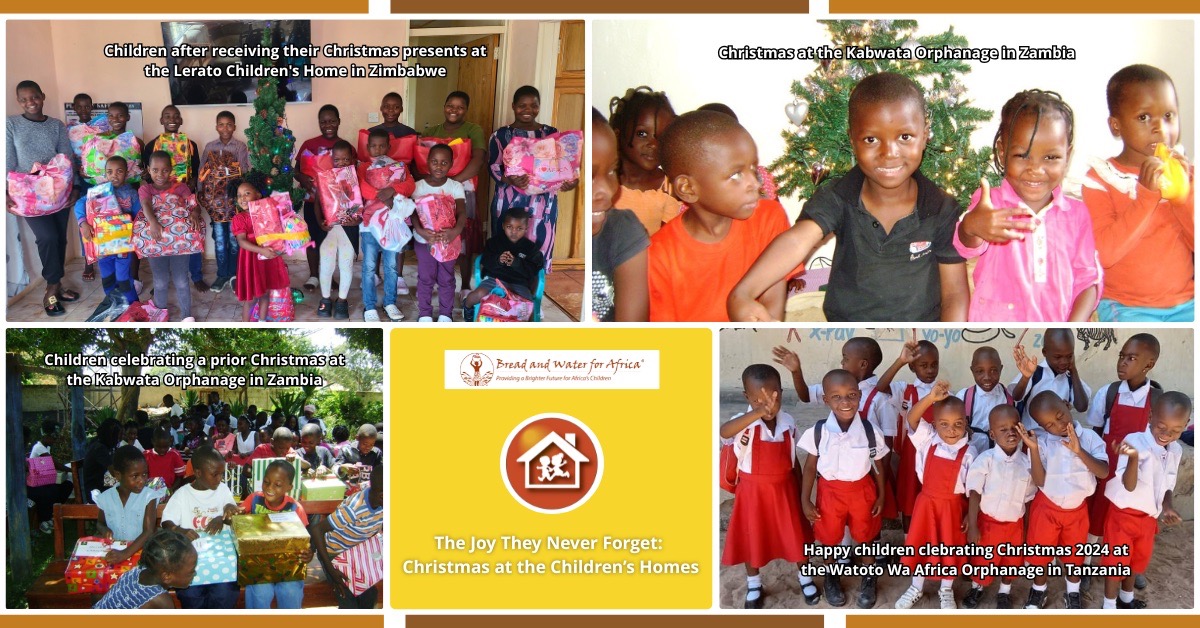 Children at orphanages in Tanzania, Zambia, and Zimbabwe celebrating Christmas with gifts and festive meals supported by Bread and Water for Africa