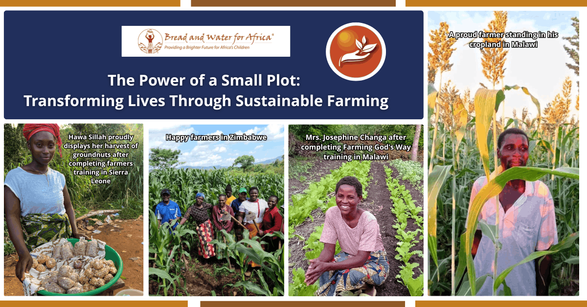 Smallholder farmers in Africa proudly standing in their fields after sustainable farming training supported by Bread and Water for Africa