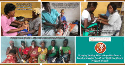 Healthcare workers and nurses providing medical care and micronutrient supplements to mothers and children through Bread and Water for Africa 2025 healthcare program in Sierra Leone