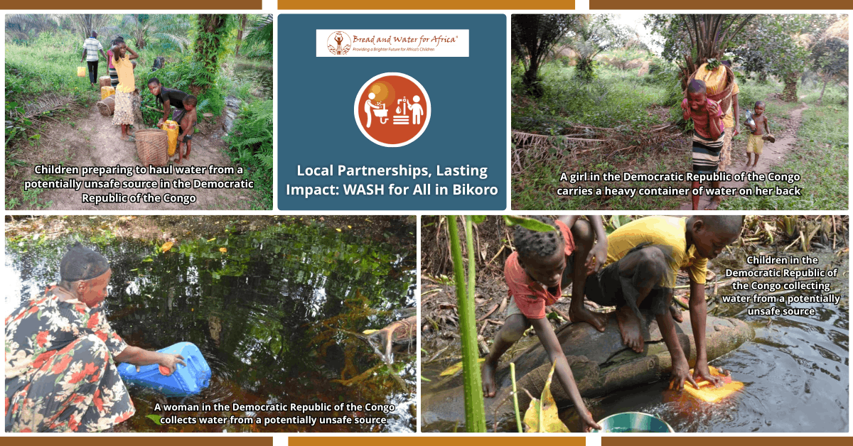 Children and families in Bikoro, Democratic Republic of the Congo, collecting water from unsafe sources before access to clean water through WASH projects