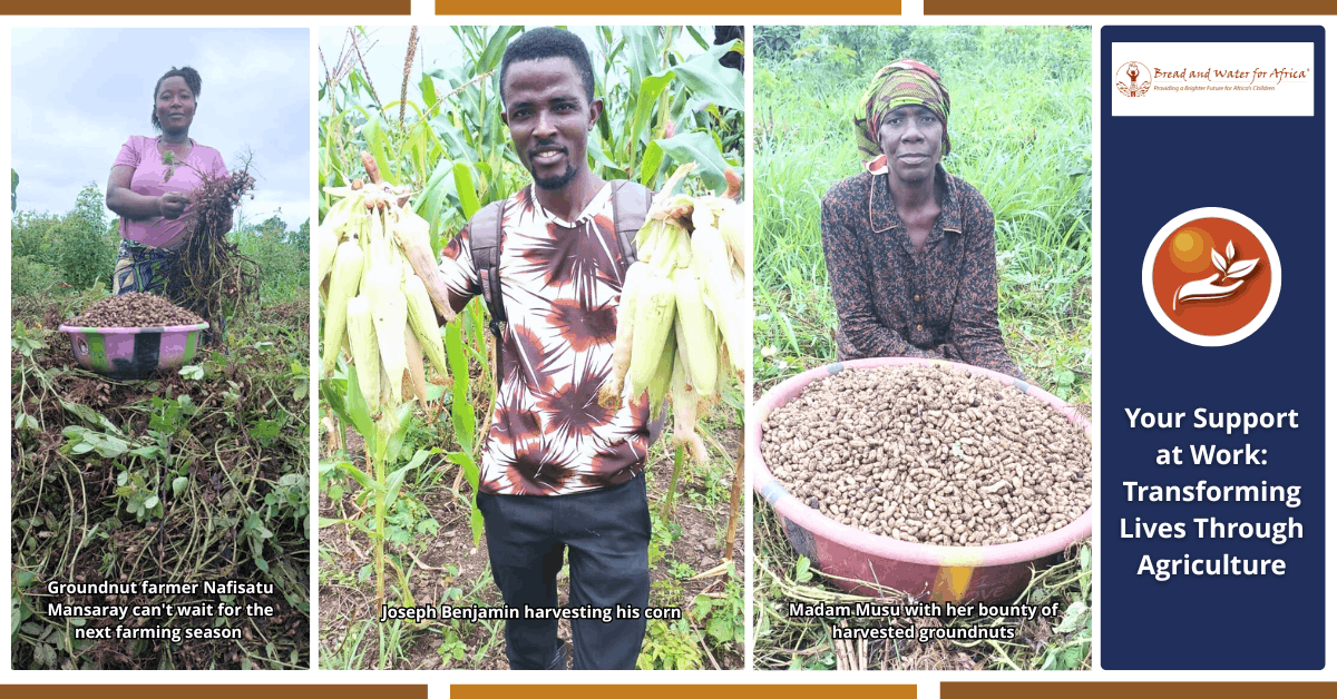 Farmers in Sierra Leone displaying harvested corn and groundnuts through an agricultural training program