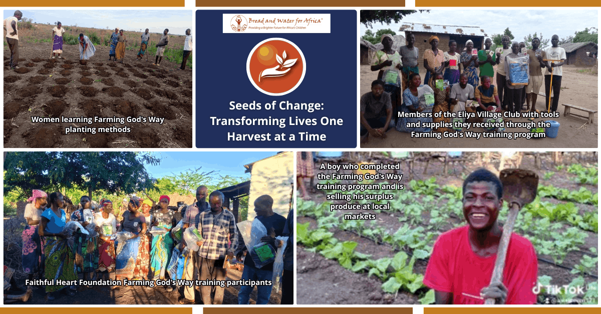 Seeds of Change Farming God’s Way training program in Malawi showing women learning planting methods, village members with tools, and a young farmer selling produce