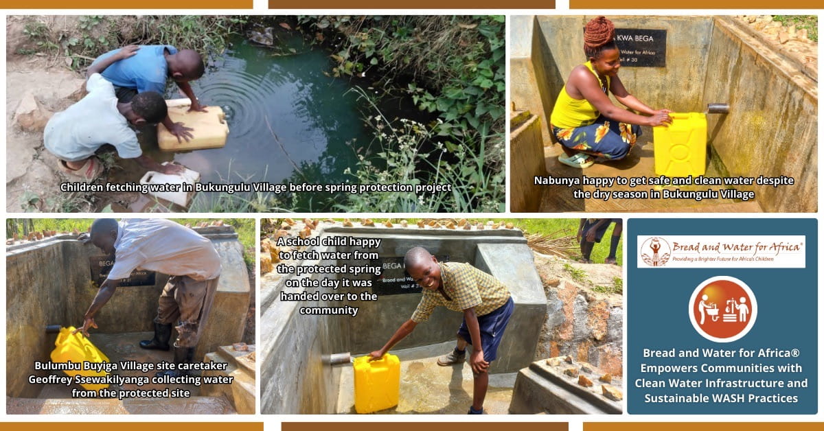 Children and community members collecting clean water from protected spring sites in Bukungulu and Bulumbu villages Uganda supported by Bread and Water for Africa