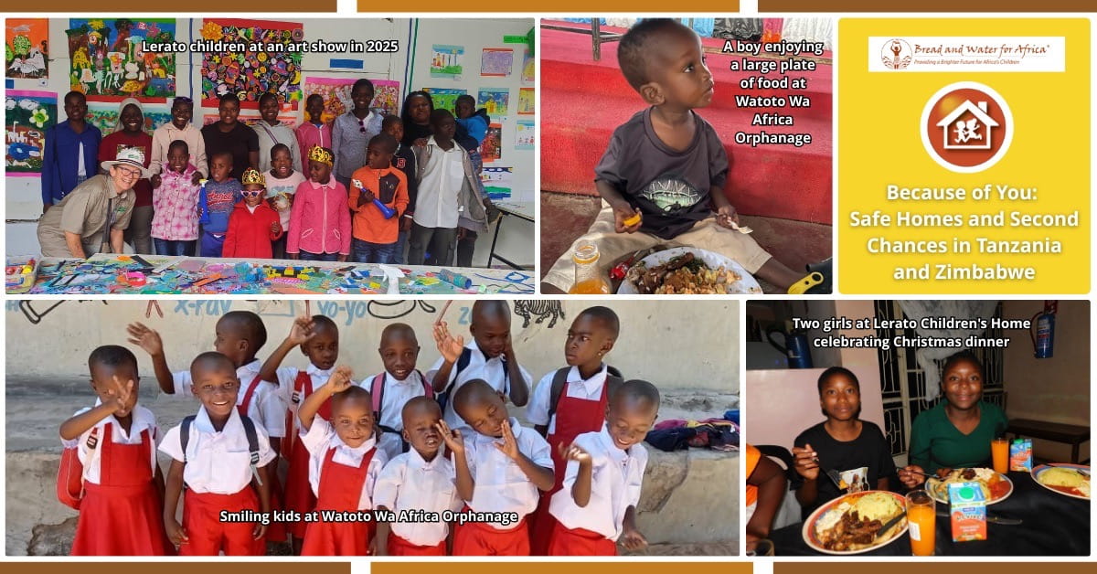 Children at Watoto Wa Africa Orphanage and Lerato Children’s Home receiving care, meals, education, and support in Tanzania and Zimbabwe