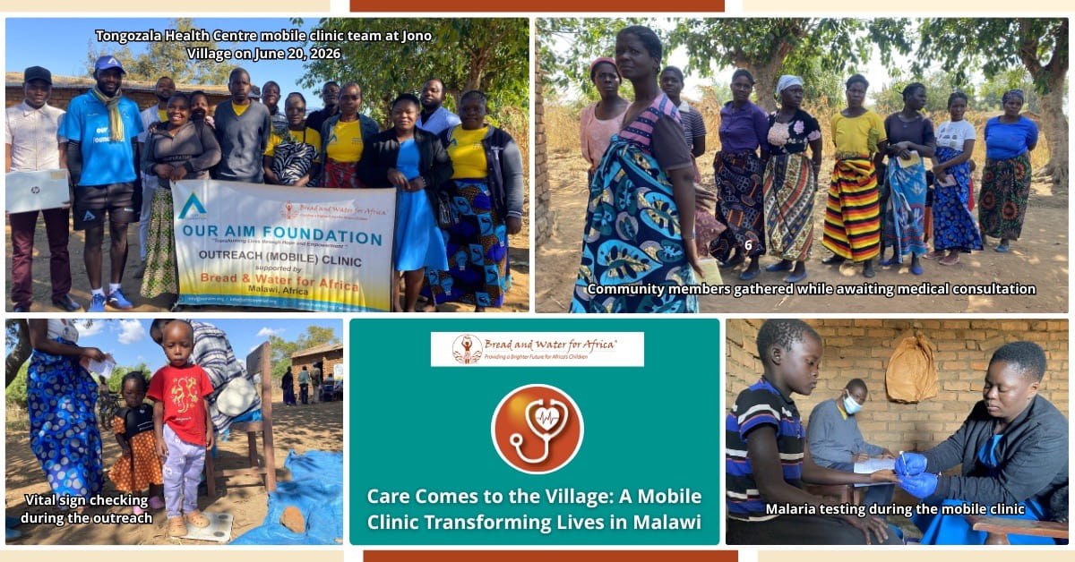 Mobile clinic team providing healthcare services to rural communities in Jono Village Malawi through Bread and Water for Africa supported outreach programs.