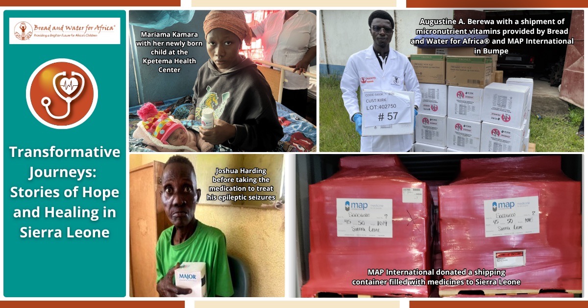Transformative health care journeys in Sierra Leone showing maternal care, epilepsy treatment, and donated medical supplies supported by Bread and Water for Africa