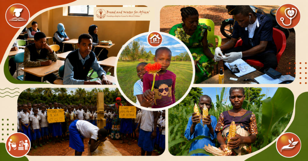 Collage of Bread and Water for Africa education, healthcare, clean water, and agriculture programs